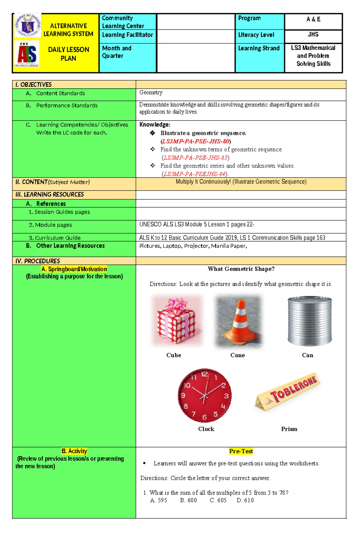 LS3 Math Daily Lesson Plan: Polynomials and Problem Solving - Studocu