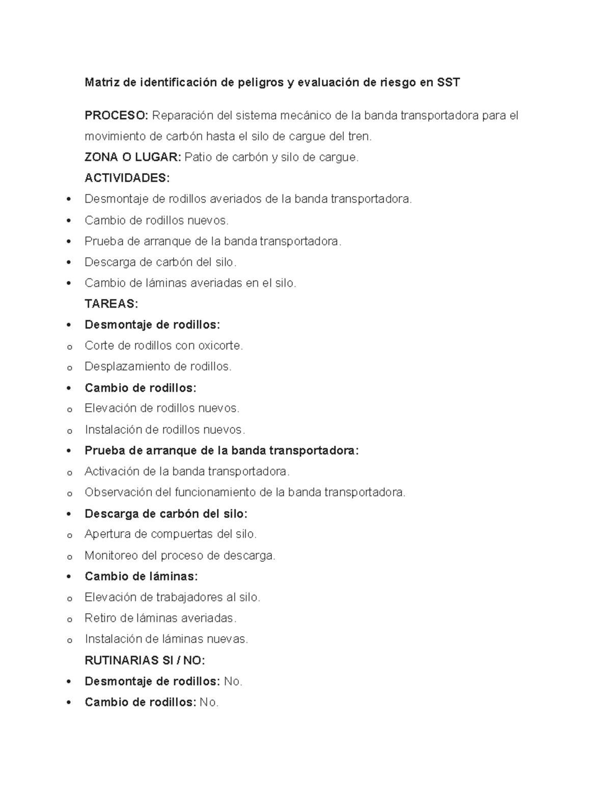 Matriz de Peligros y Evaluación de Riesgo en SST - Reparación Banda ...