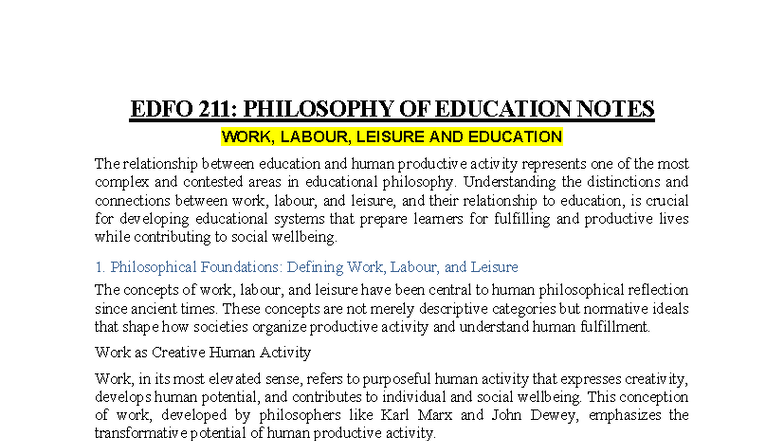 EDFO 211: Philosophy of Education - Work, Labour, and Leisure Insights ...