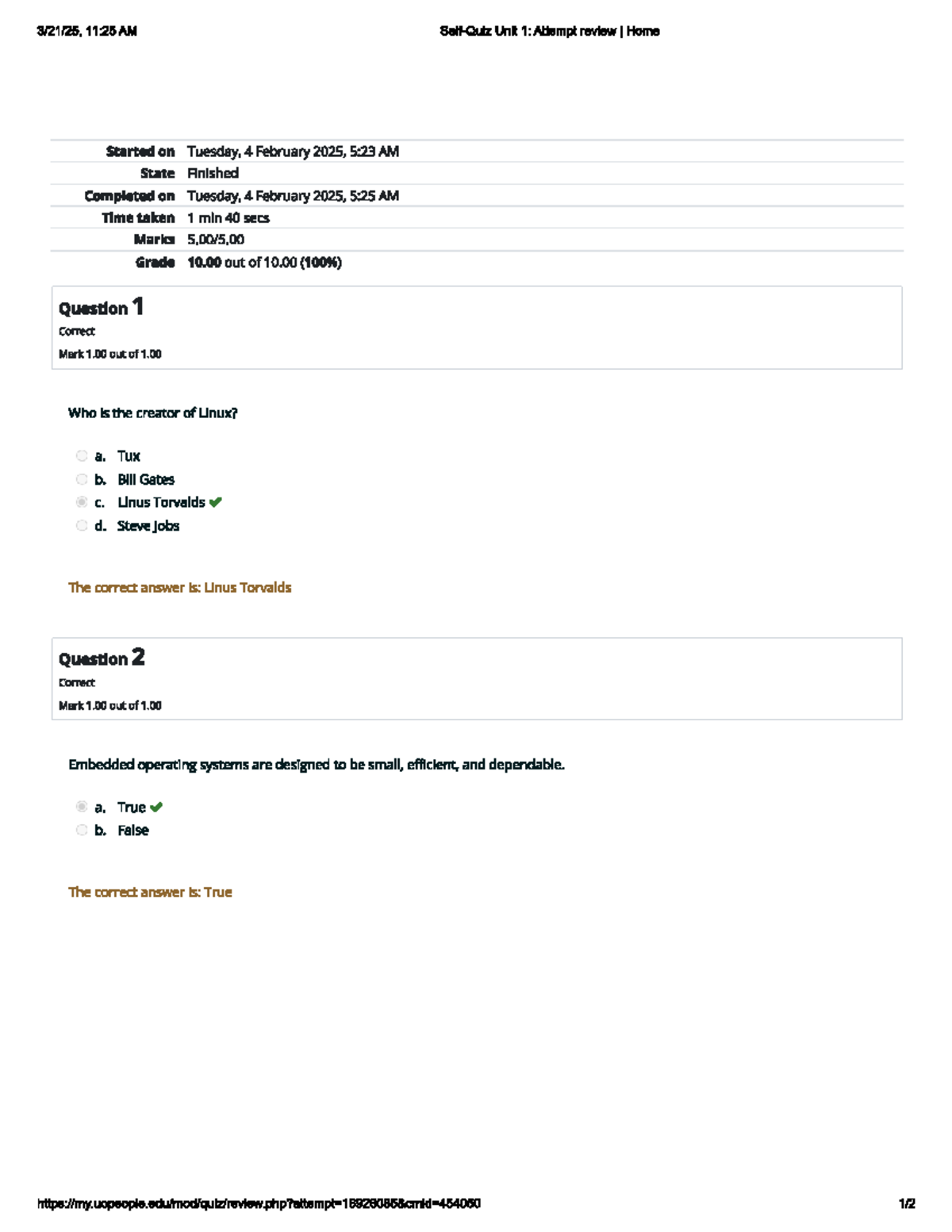 CS 3307 Self Quiz 1b - Unit 1 Attempt Review Summary - Studocu