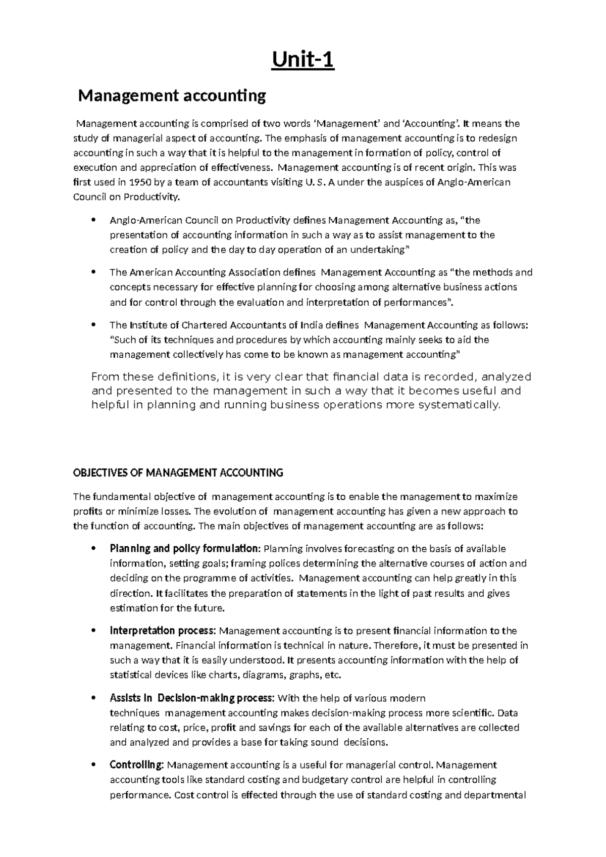 Management Accounting Overview - Unit 1 Notes - Studocu