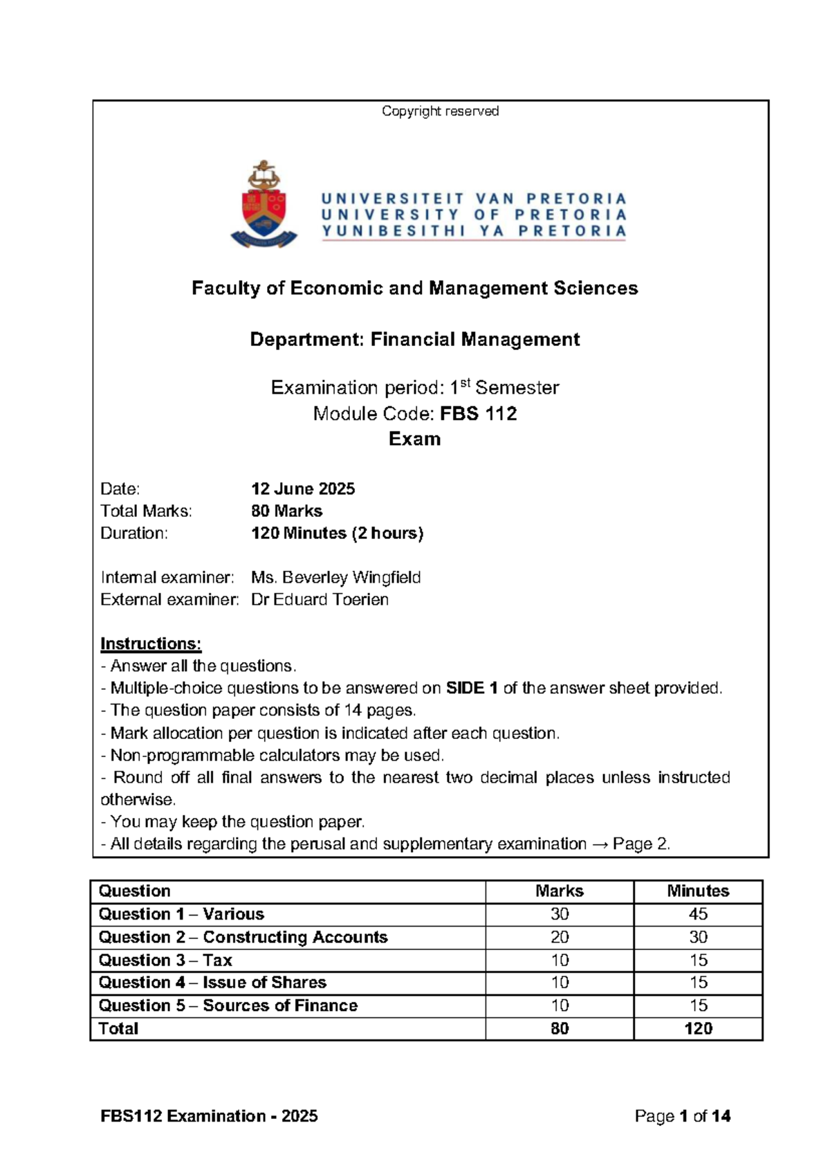 FBS112 Final Exam 2025: Financial Management Question Paper - Studocu