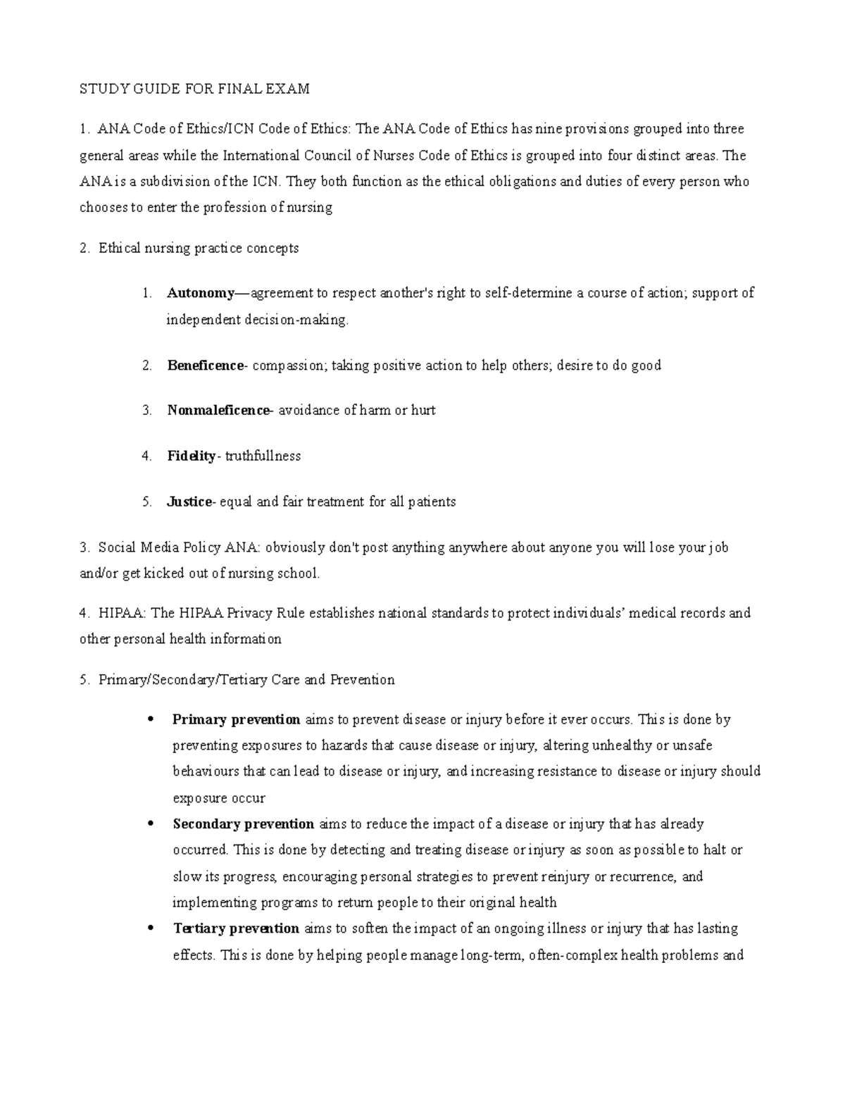 NUR 101 Study Guide for Final Exam: Key Nursing Concepts & Ethics - Studocu