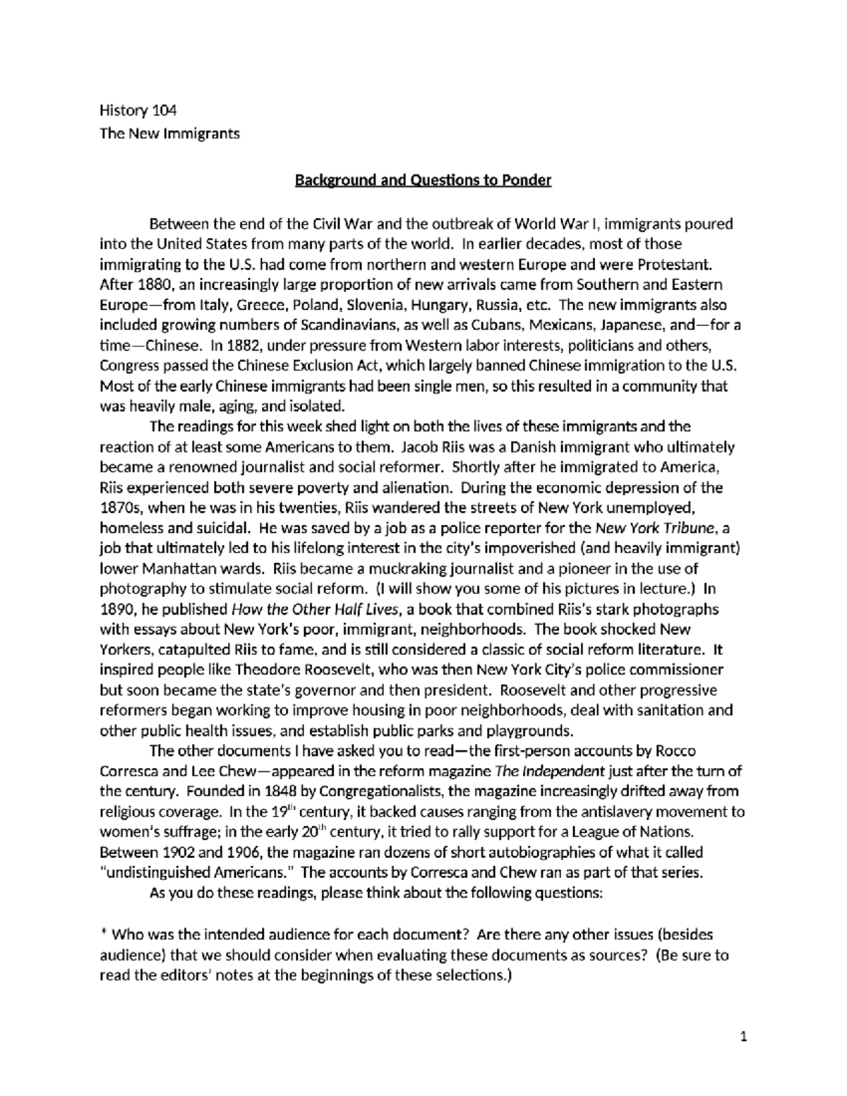 Background and Questions to Consider (re Jacob Riis and the New ...