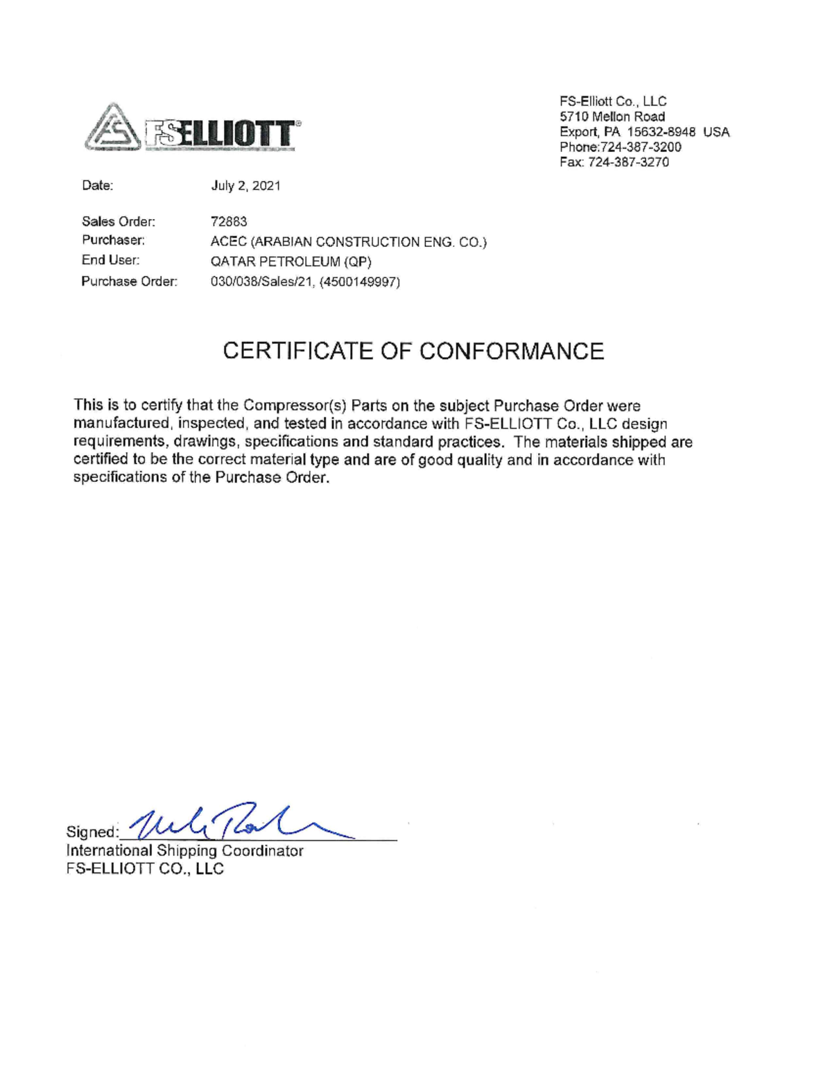 Certificate of Conformance for Sales Order 72883 - COC Sample - Studocu