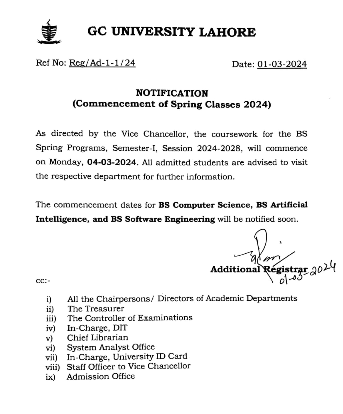 Notification Commencement Spring classes 2024 - GC UNIVERSITY LAHORE ...
