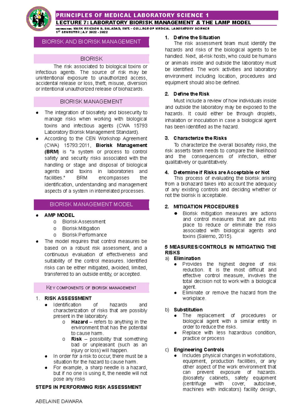 PMLS 1 LECTURE 7: LABORATORY BIORISK MANAGEMENT MODULE 7 - Studocu