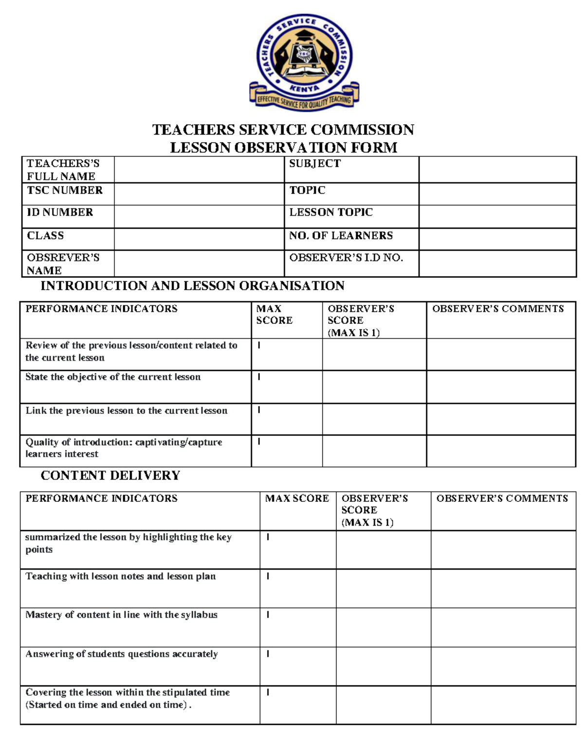 TSC Lesson Observation Form: Tpad 2 Evaluation Guide - Studocu