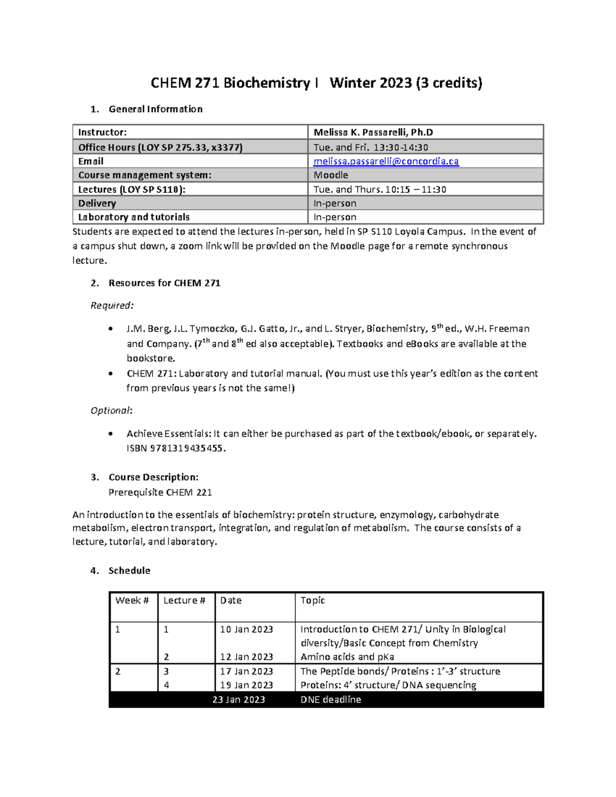 CHEM 271 Biochemistry I Syllabus - Winter 2023 Course Details - Studocu