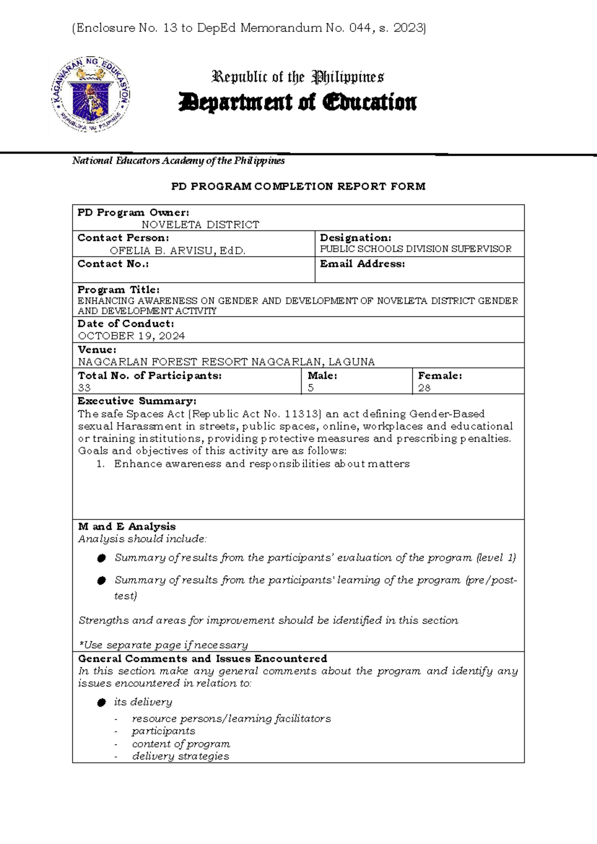 PD Program Completion Report: Enhancing Gender Awareness in Noveleta ...