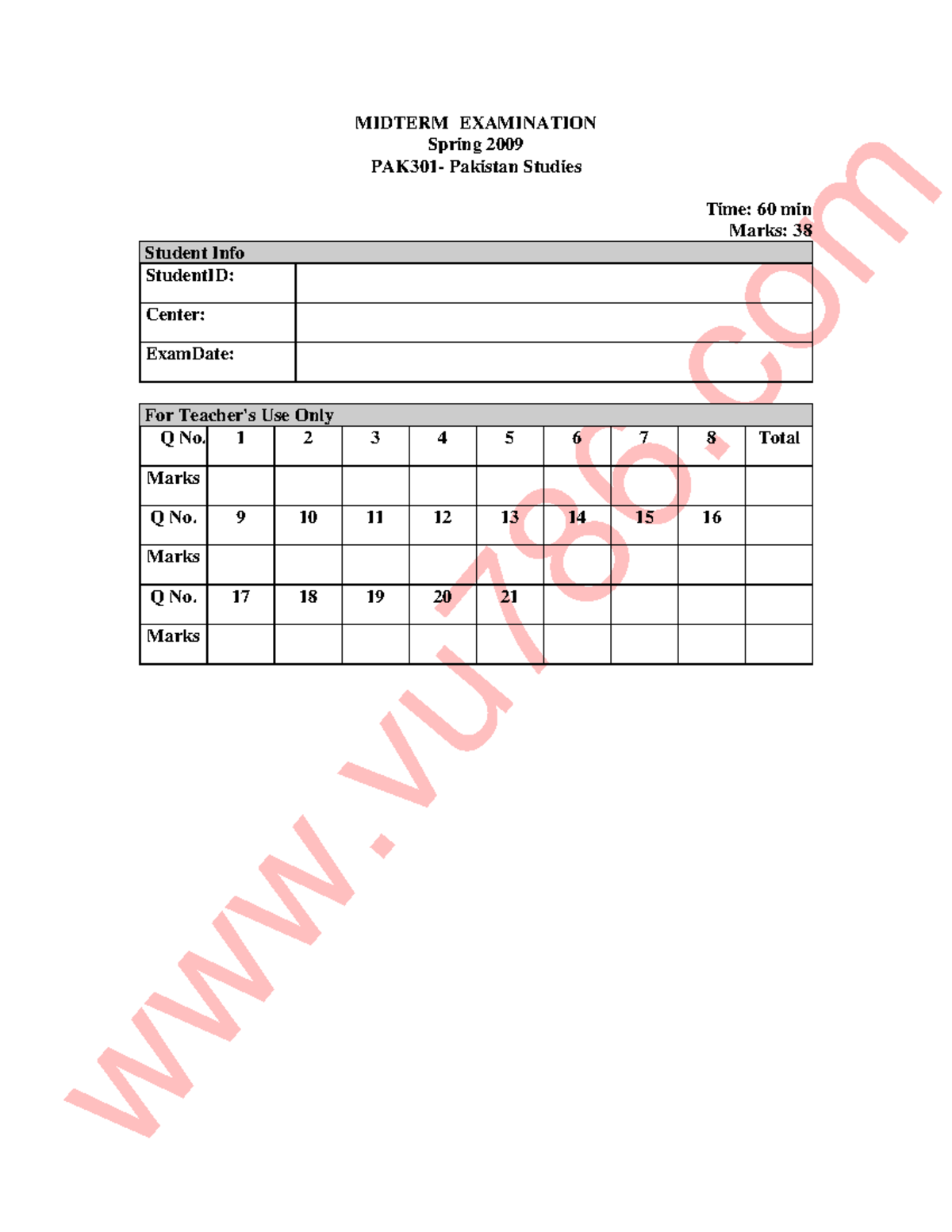 Pak301 MIDTERM EXAM Spring 2009 - Pakistan Studies Questions - Studocu