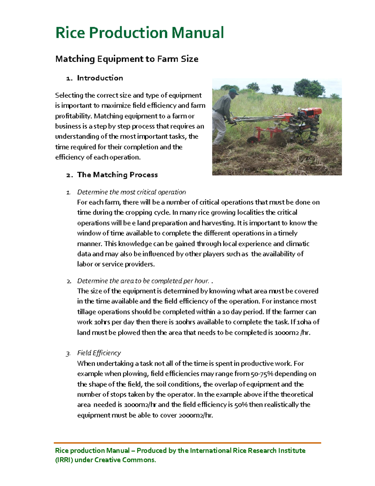 Matching Equipment to Farm Size in Rice Production Manual - Studocu
