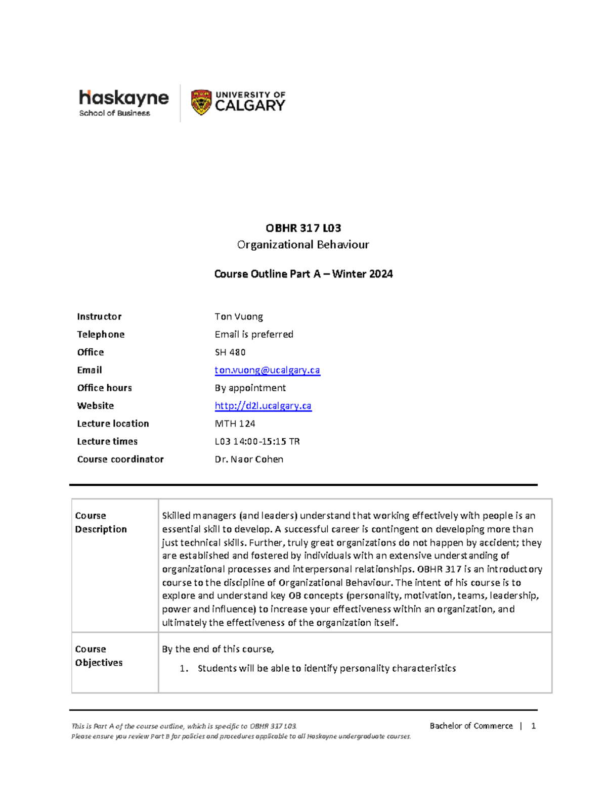 Obhr 317 L03 Organizational Behaviour Course Outline Part A Winter 2024