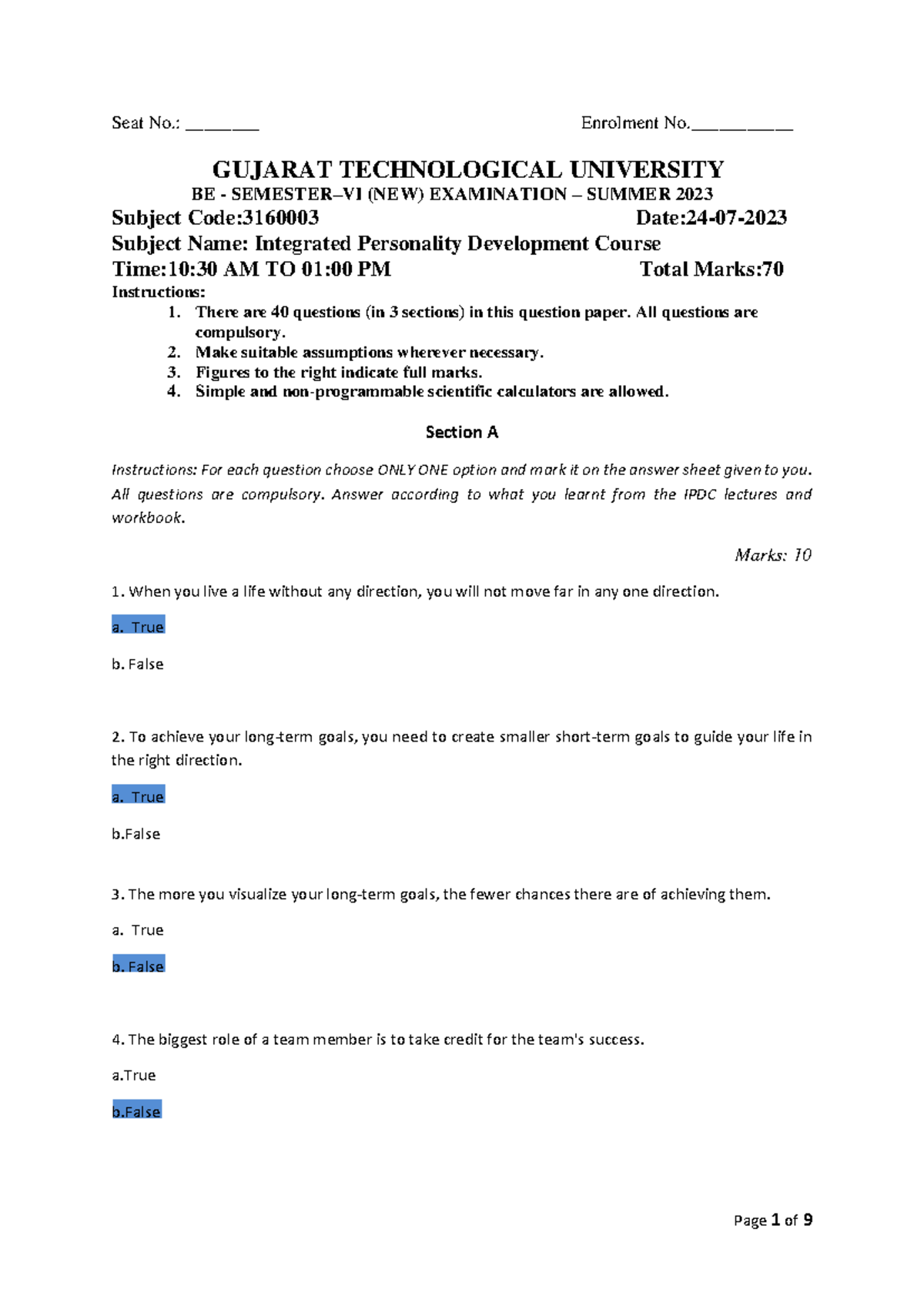 3160003 S2023 - Integrated Personality Development Course Exam Paper ...
