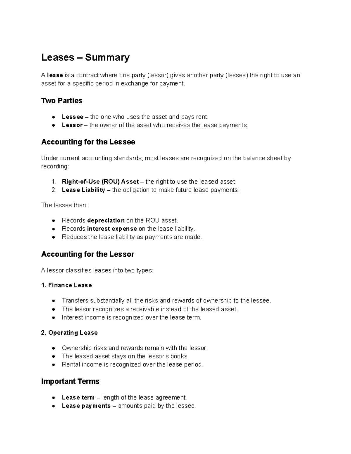Leases Summary: Key Concepts and Accounting (FIN 101) - Studocu