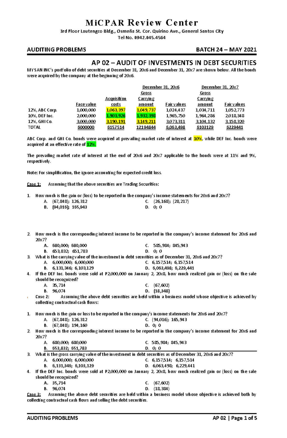 AUDITING PROBLEMS AP 02: INVESTMENTS IN DEBT SECURITIES REVIEW - Studocu