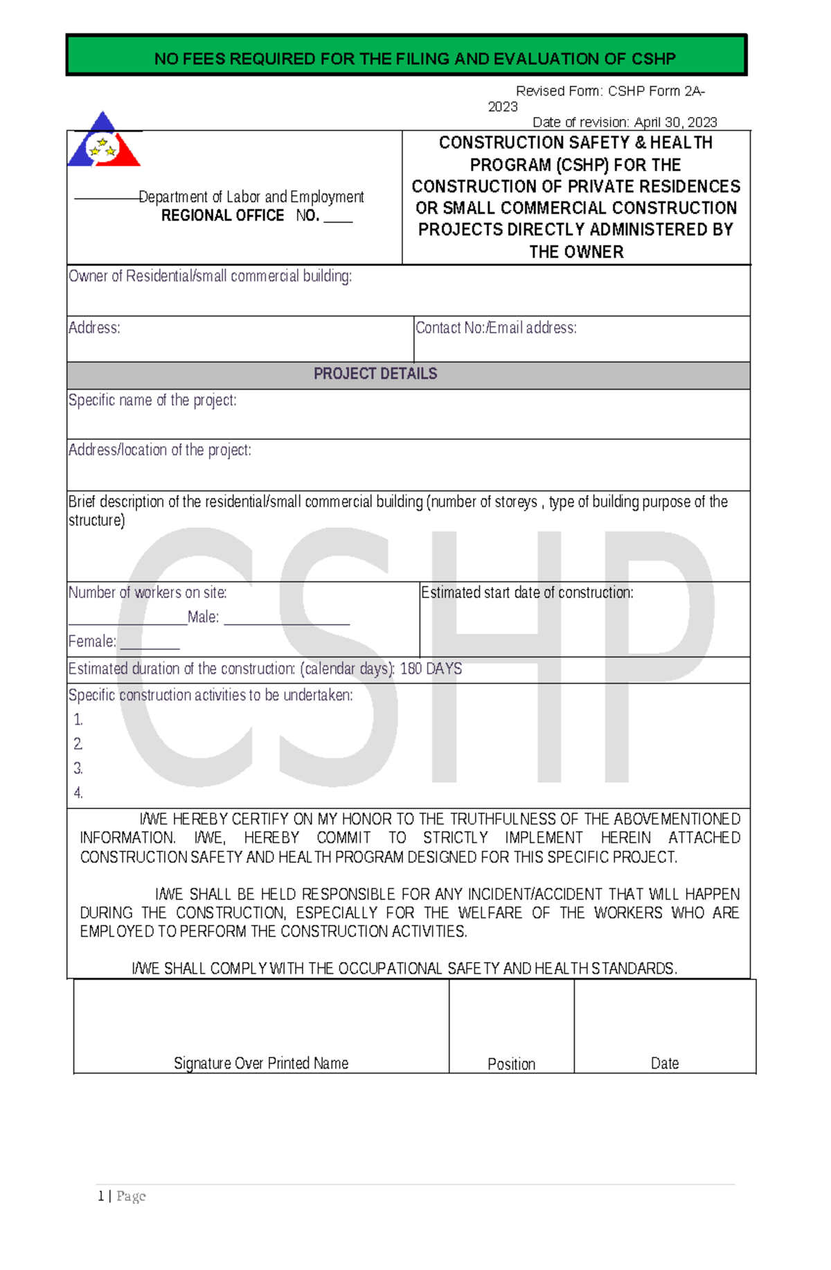CSHP Form 2A: No Fees for Filing & Evaluation (2023) - Studocu