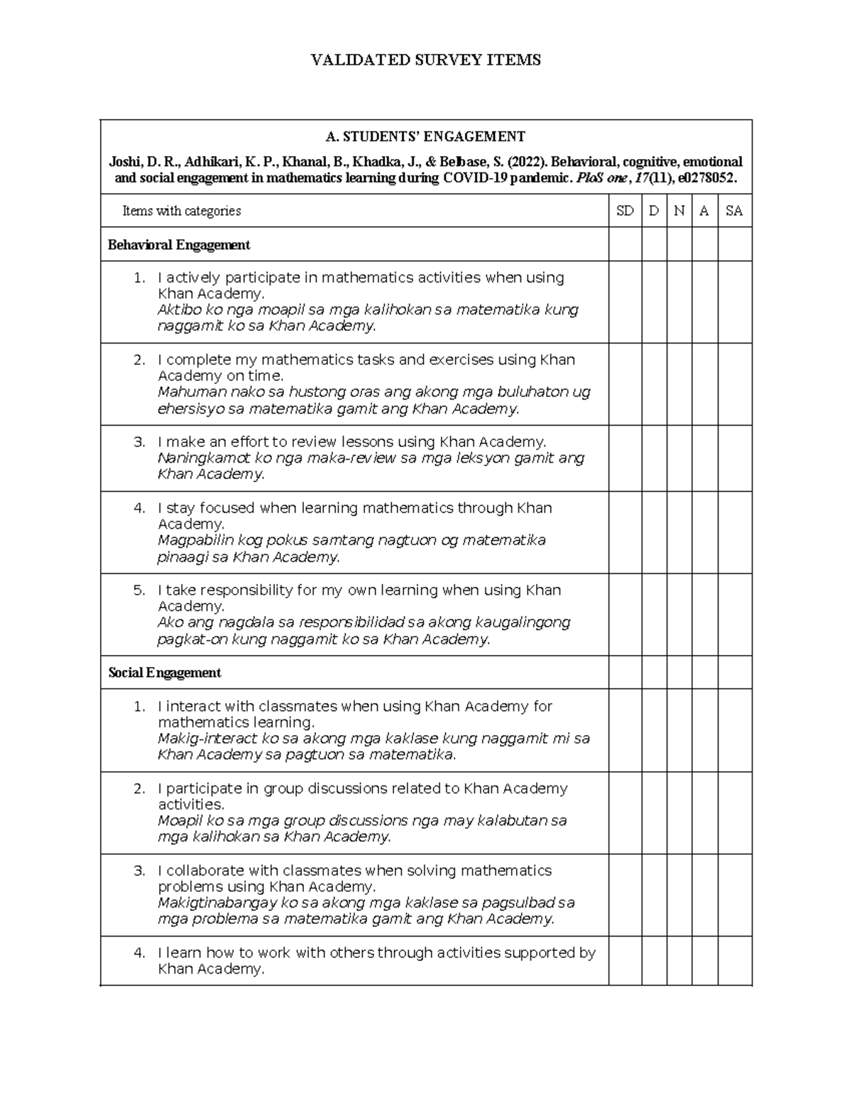 Validated Survey Items on Student Engagement in Mathematics Learning ...