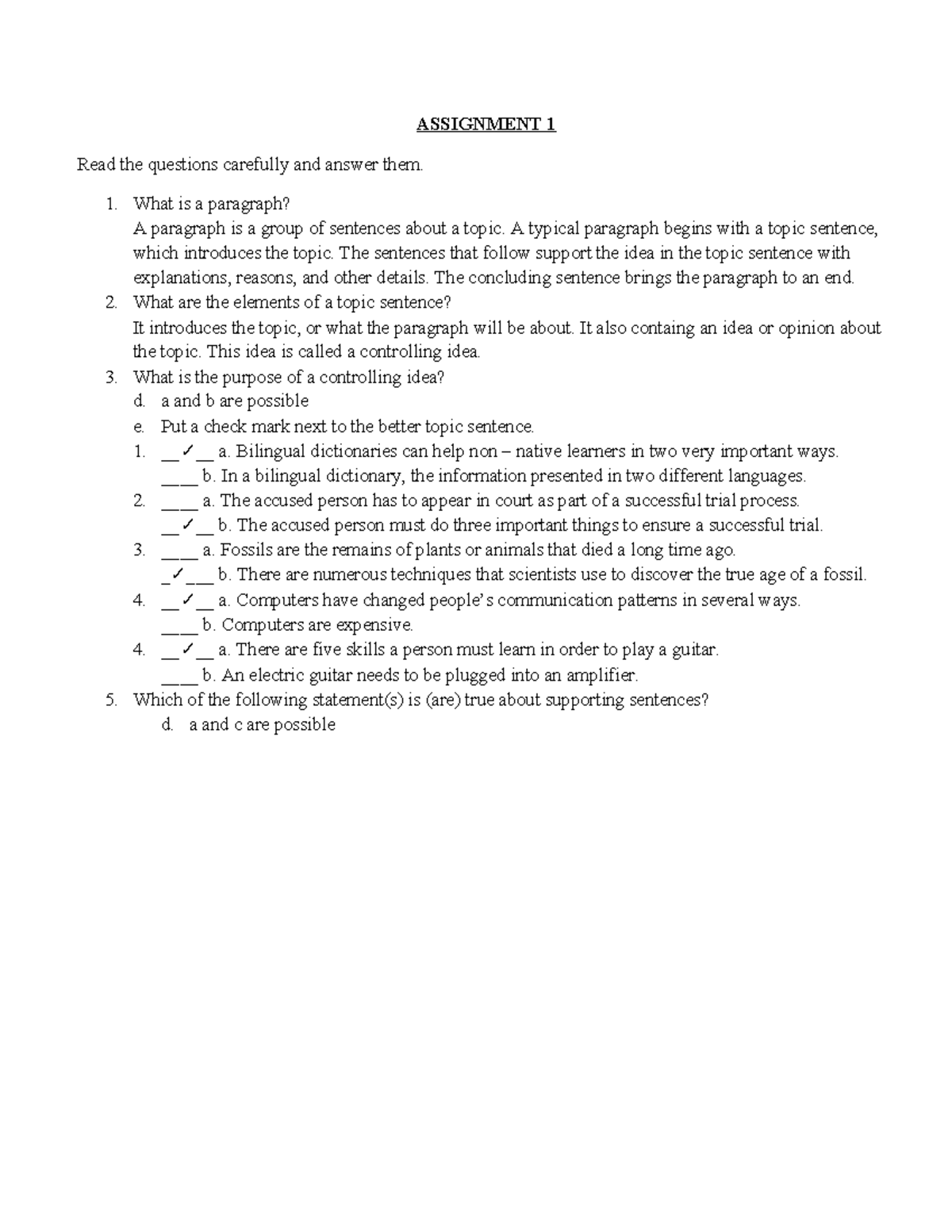 Assignment 1: Understanding Paragraphs and Topic Sentences - Studocu