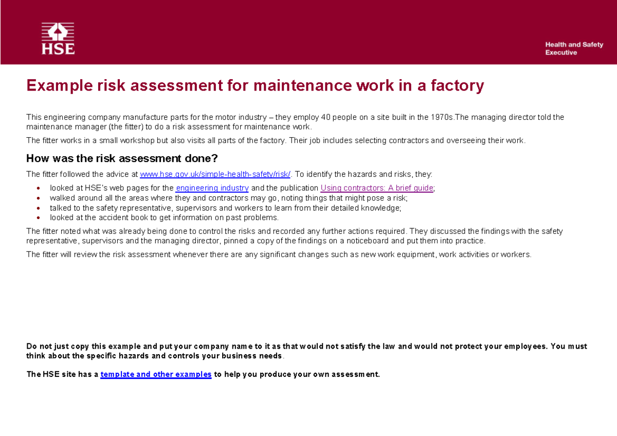 Risk Assessment for Maintenance Work in Factory - ABC Eng. Ltd. - Studocu