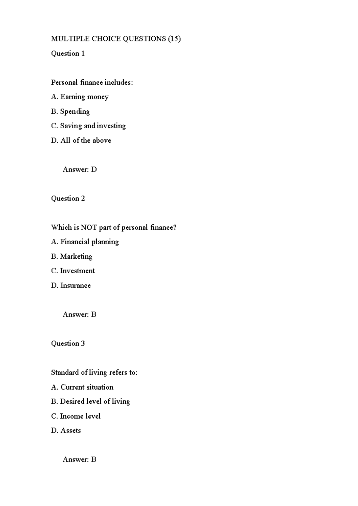 FIN 101: Multiple Choice Questions on Personal Finance Concepts - Studocu