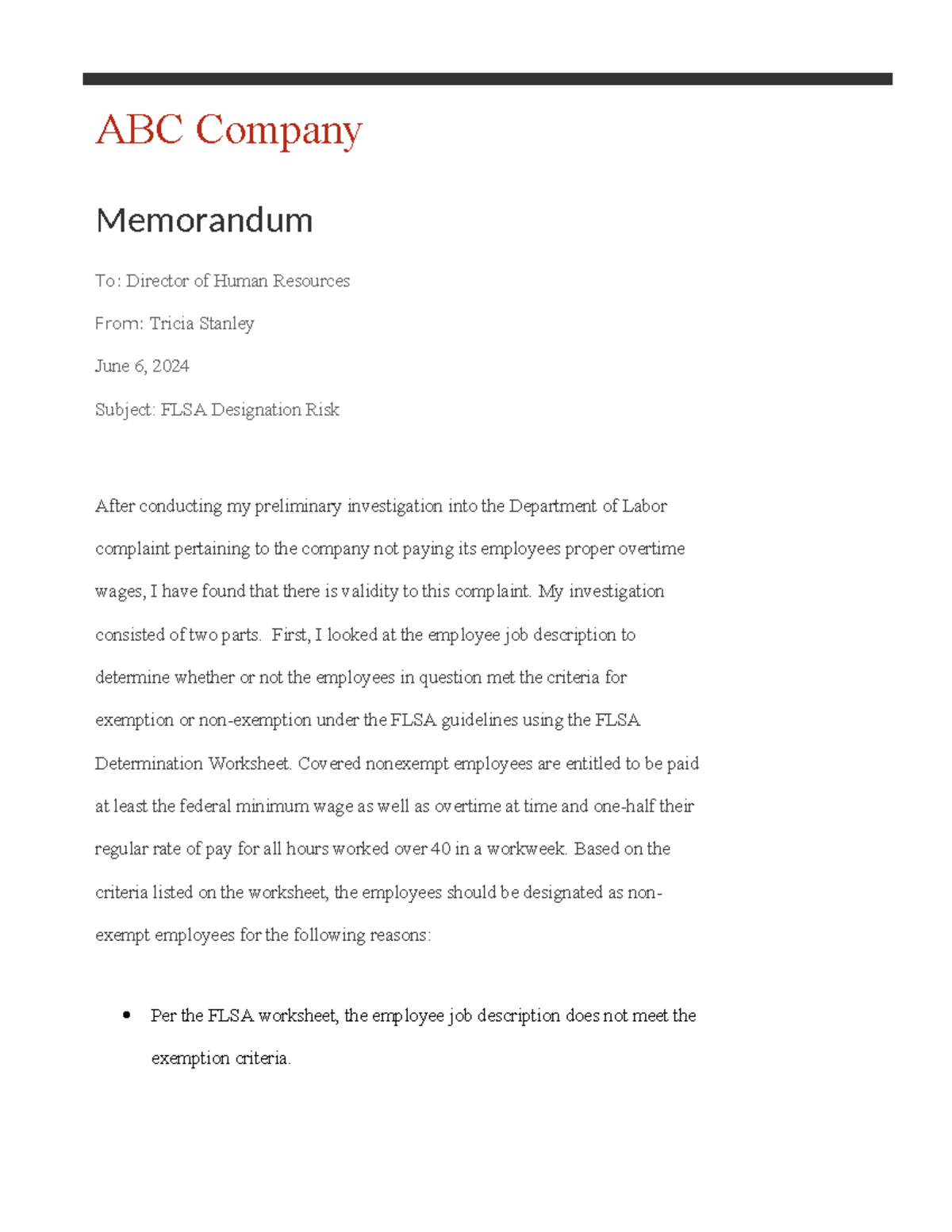 HRM 225 Milestone One - FLSA Designation Risk Assessment Memo - Studocu