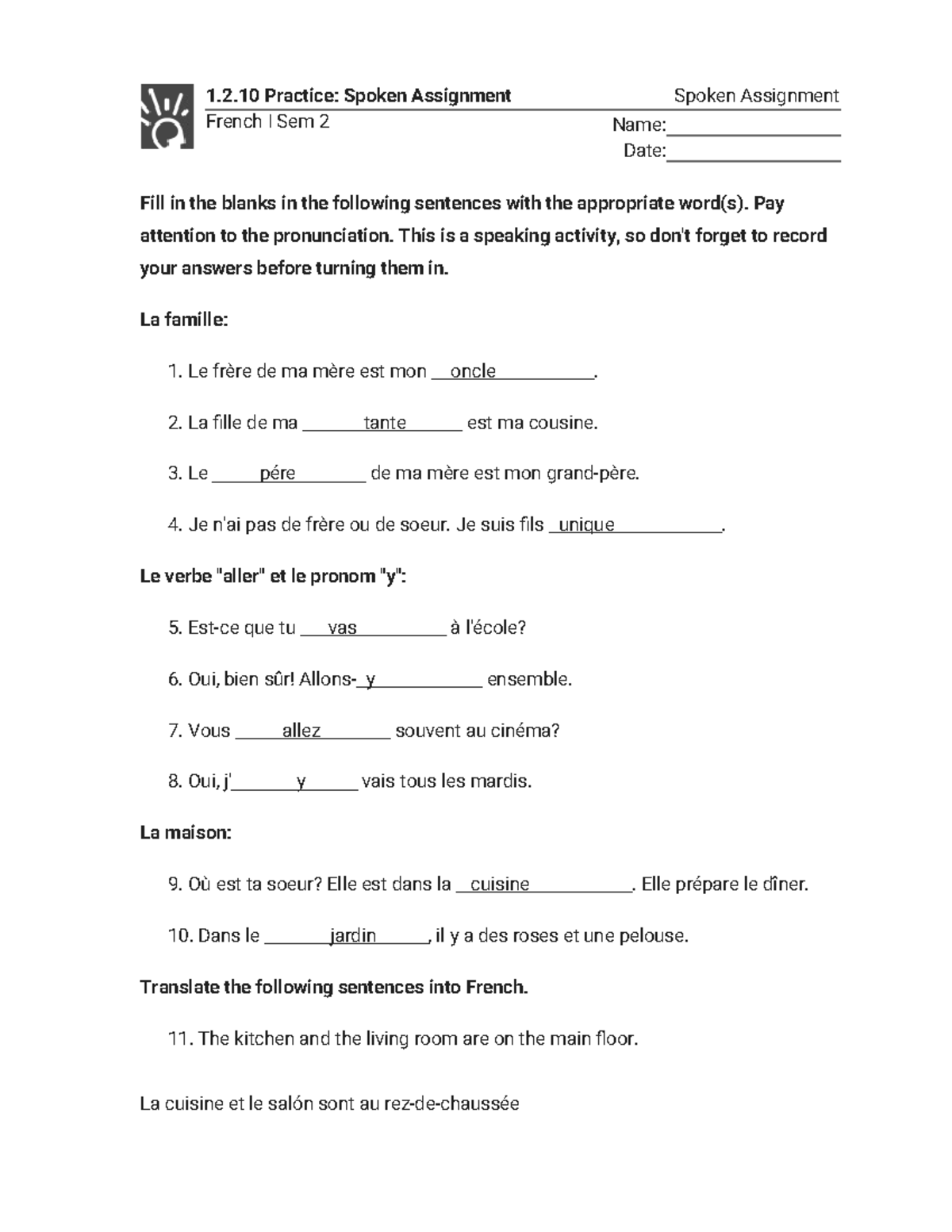 1.2.10 Practice: Spoken Assignment for French I Sem 2 - Studocu