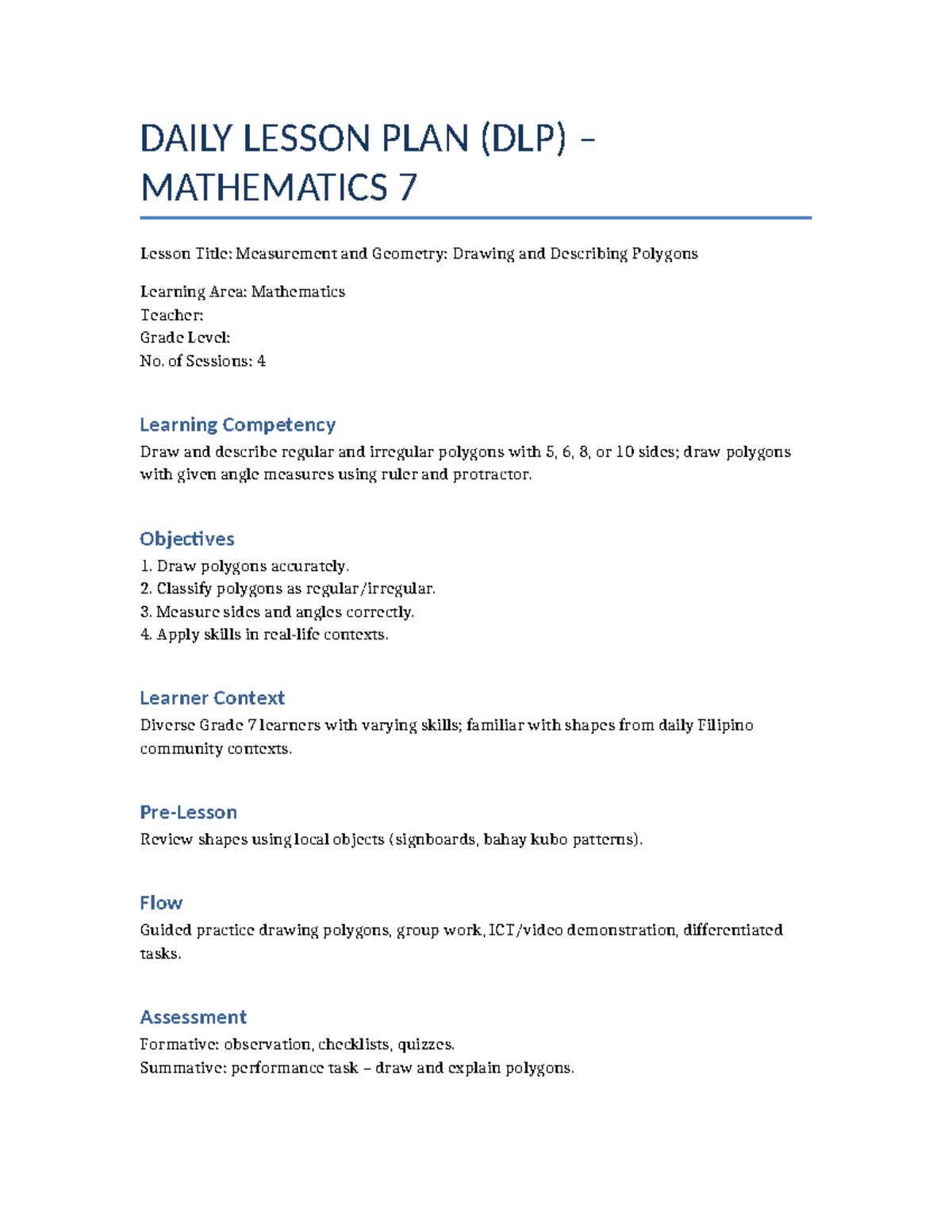 Grade 7 Math DLP: Measurement & Geometry - Polygons Lesson - Studocu