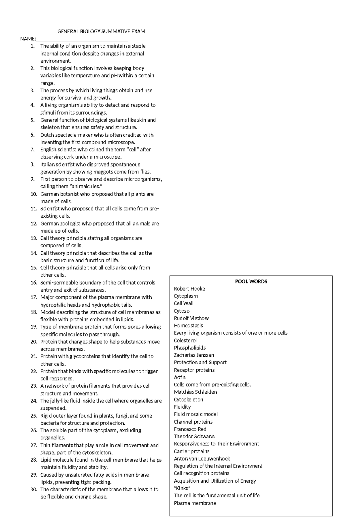 General Biology Summative Exam 1: Key Concepts and Terms - Studocu