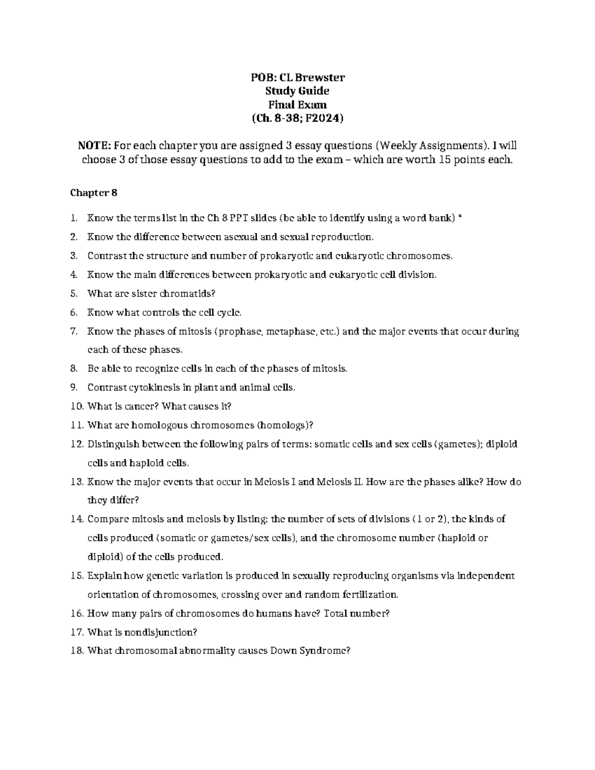 Final Exam Study Guide for Biology (Chapters 8-38; F2024) - POB: CL ...