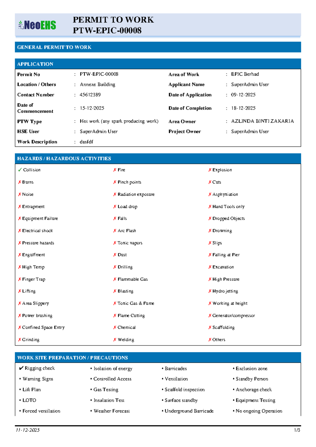 PTW Application for Hot Work - EPIC Berhad Permit No: PTW-EPIC-00008 ...