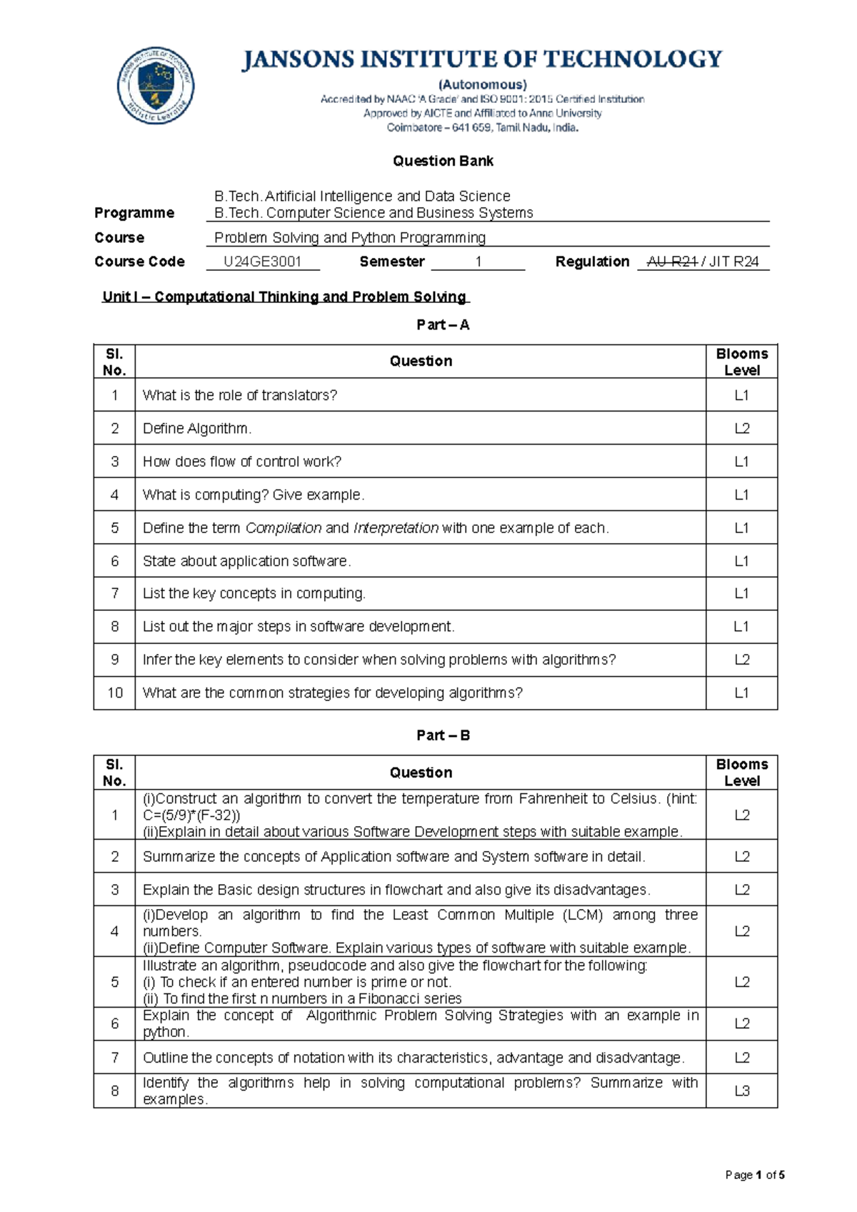 U24GE3001 Problem Solving and Python Programming Question Bank - Studocu