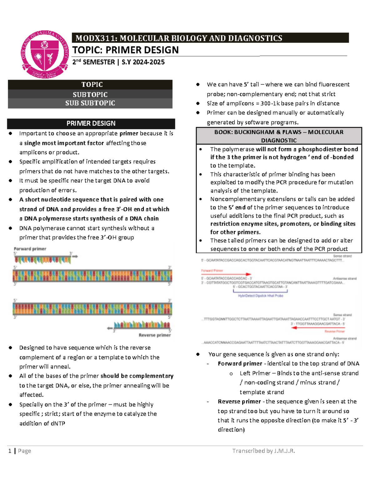 MODX311: Primer Design in Molecular Biology - 2nd Semester Guide - Studocu