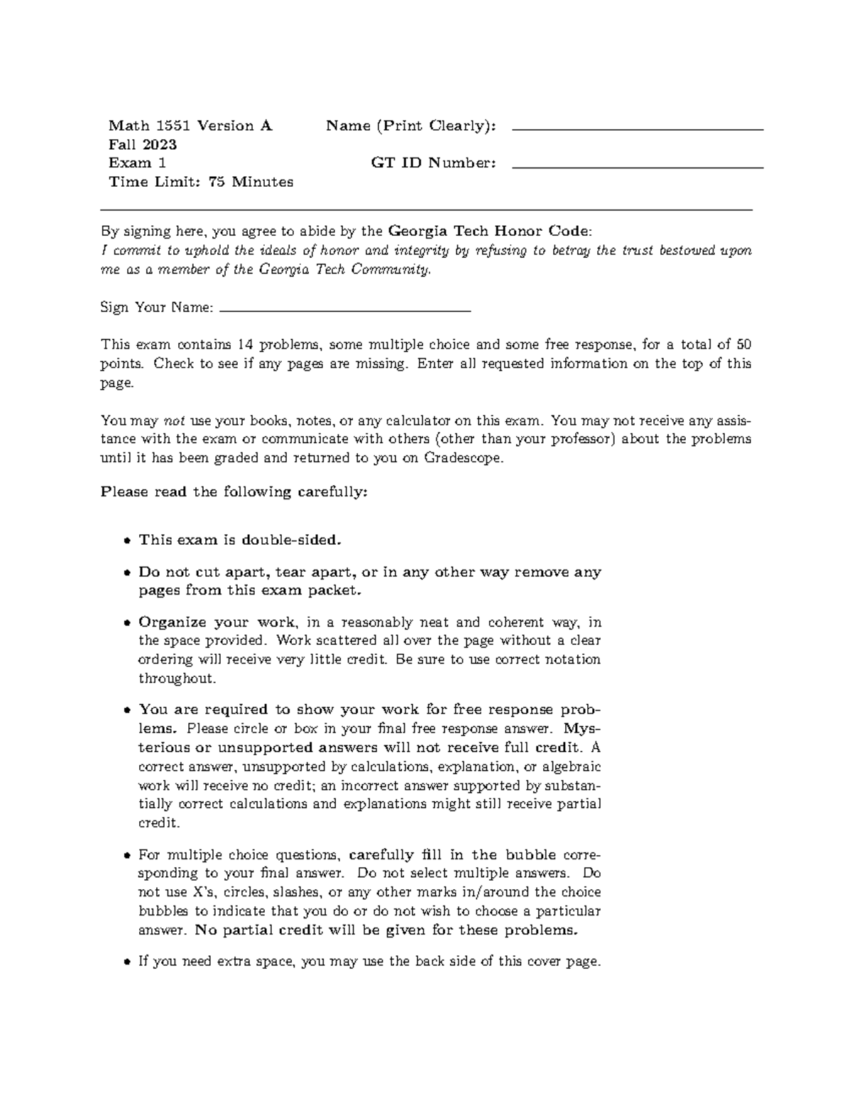 Exam 1 Version A Fall 23 - cs practice exam - Math 1551 Version A Name ...