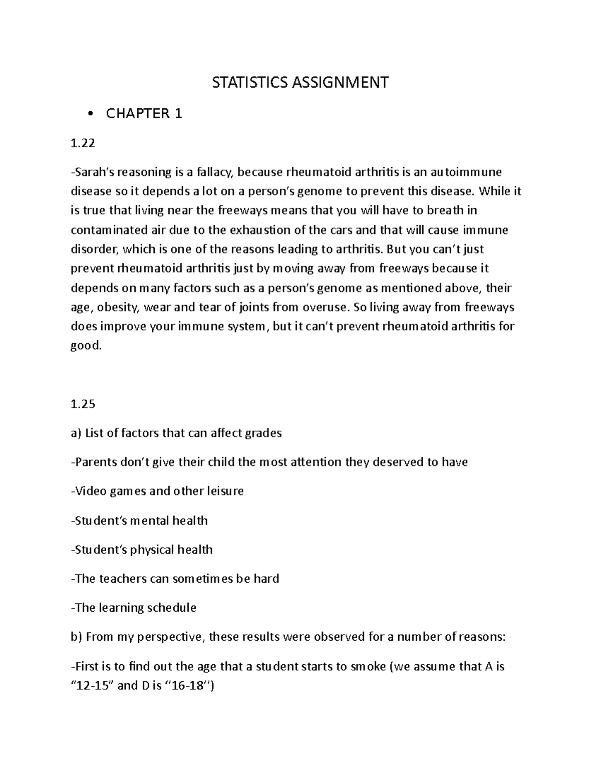 Statistics Assignment 1 - STATISTICS ASSIGNMENT CHAPTER 1 1. -Sarah’s ...