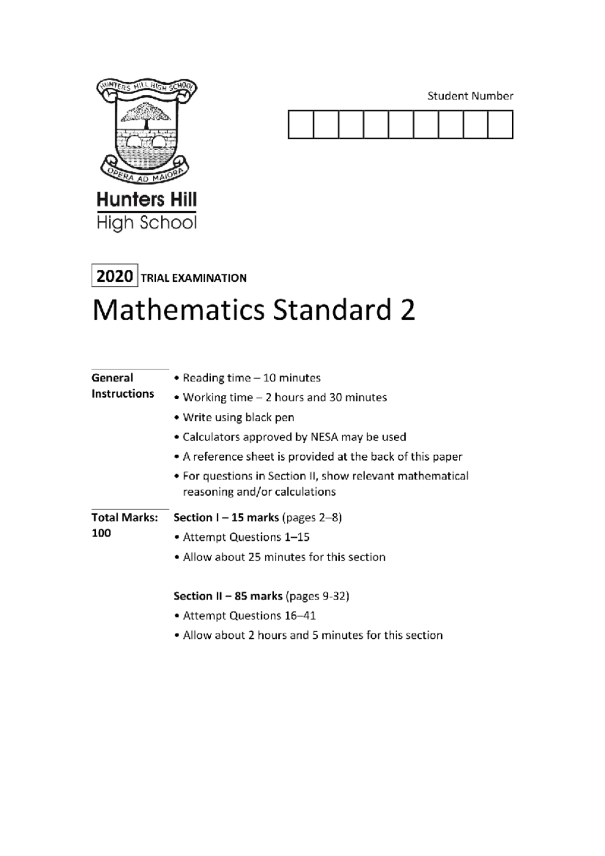 Mathematics Standard 2 Trial Exam - 222 - Hunters Hill High School 2020 ...