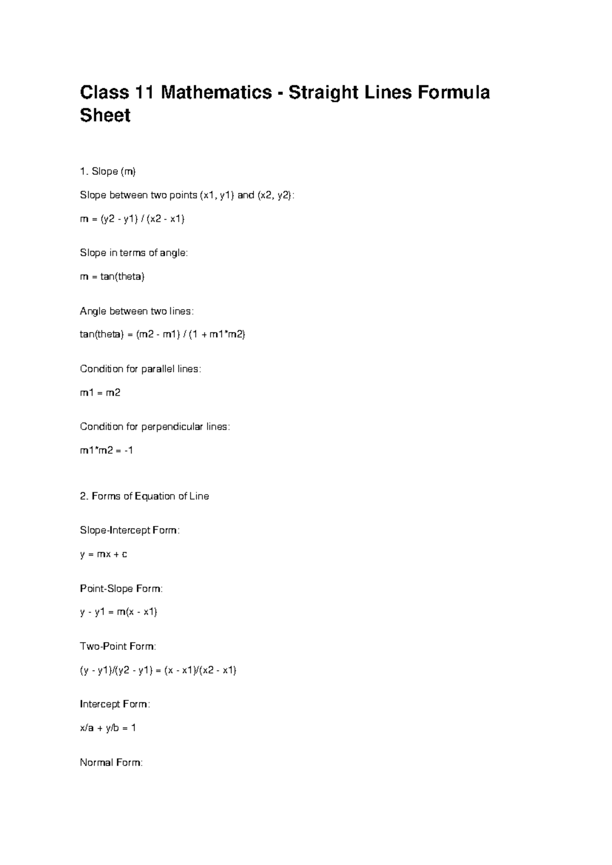 Class 11 Mathematics Straight Lines Formula Sheet - Studocu