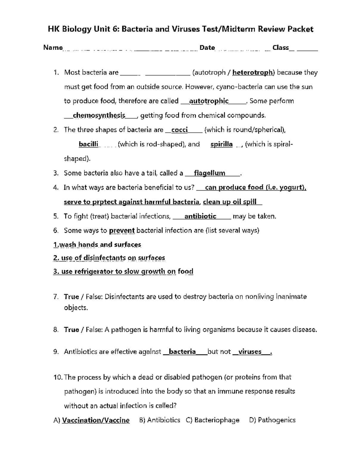 HK Biology Unit 6: Bacteria and Viruses Review Worksheet - Studocu