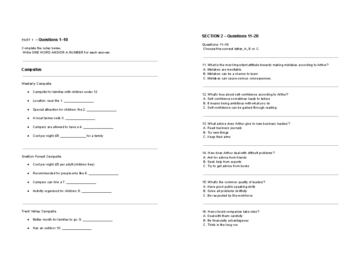 Vol 5 Test 1 - Complete the Notes with One Word Only - Studocu