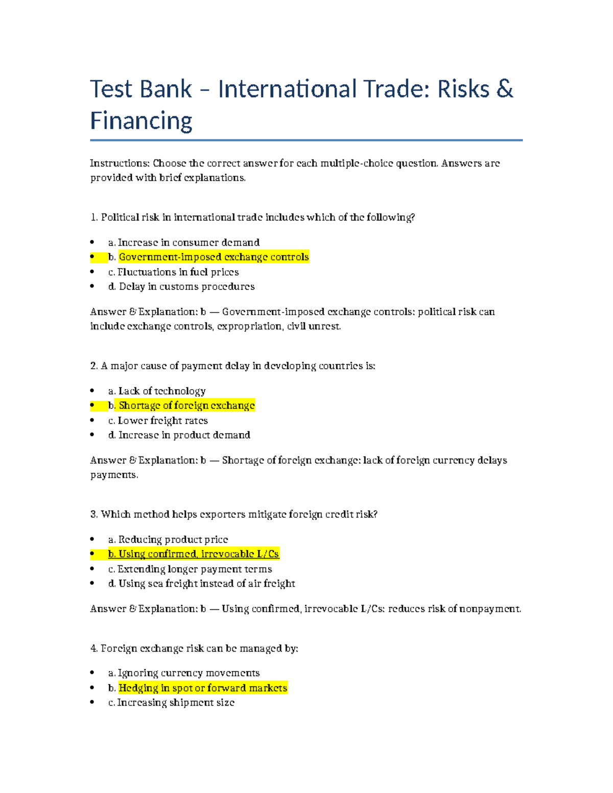 Test Bank INTL Trade: Risks & Financing Overview - Studocu