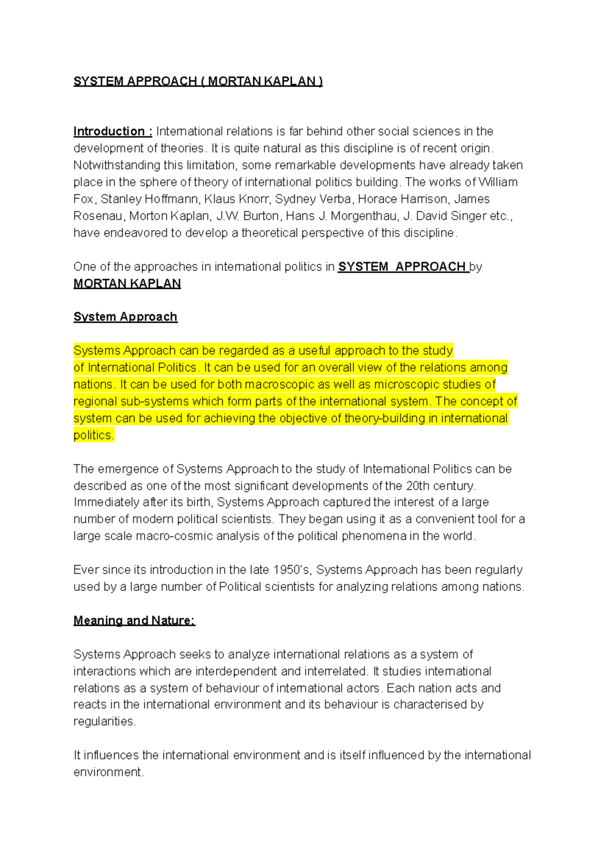 Pol sc 2.2 ( System approach ) - SYSTEM APPROACH ( MORTAN KAPLAN ...