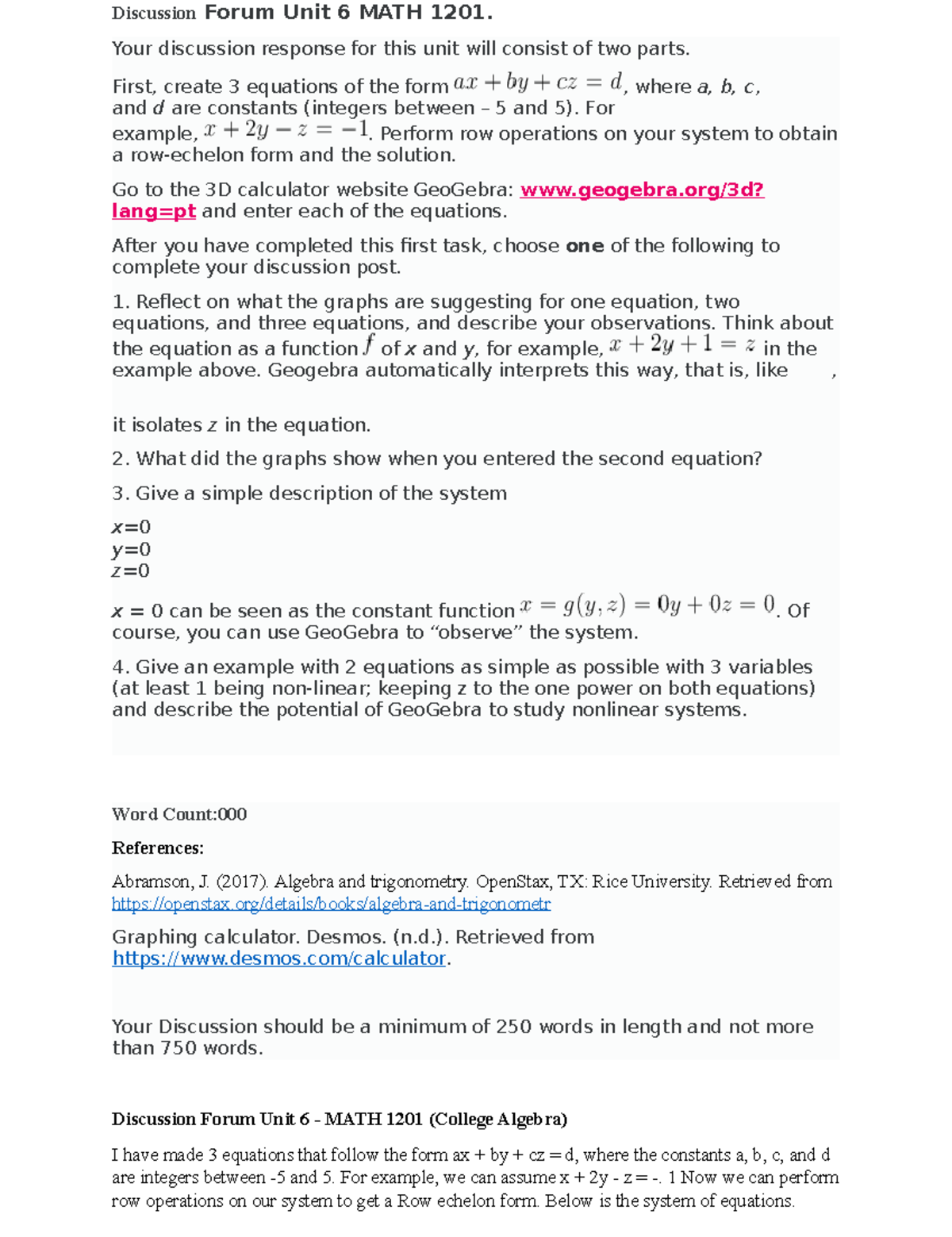 College Algebra Discussion Forum Unit 6 MATH 1201 - Discussion Forum ...