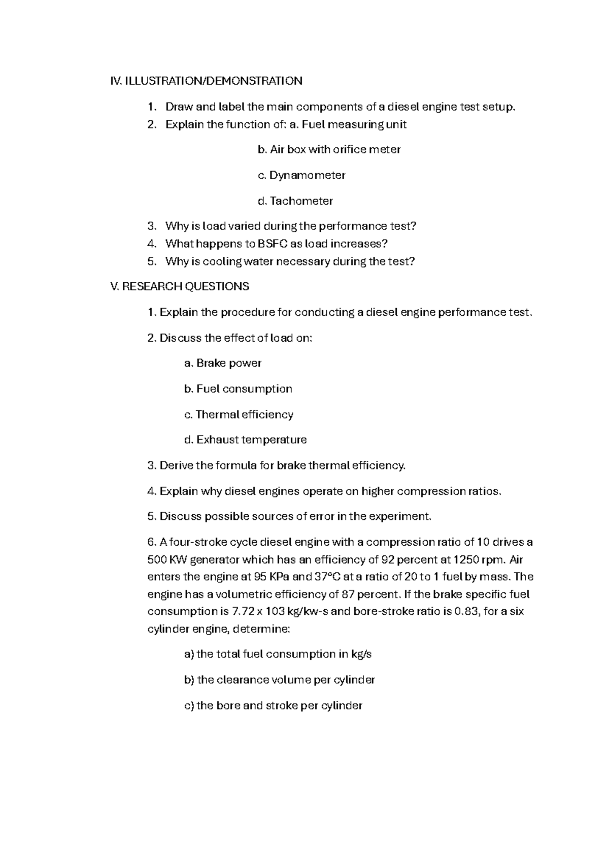 Diesel Engine Performance Test Research Questions and Analysis - Studocu