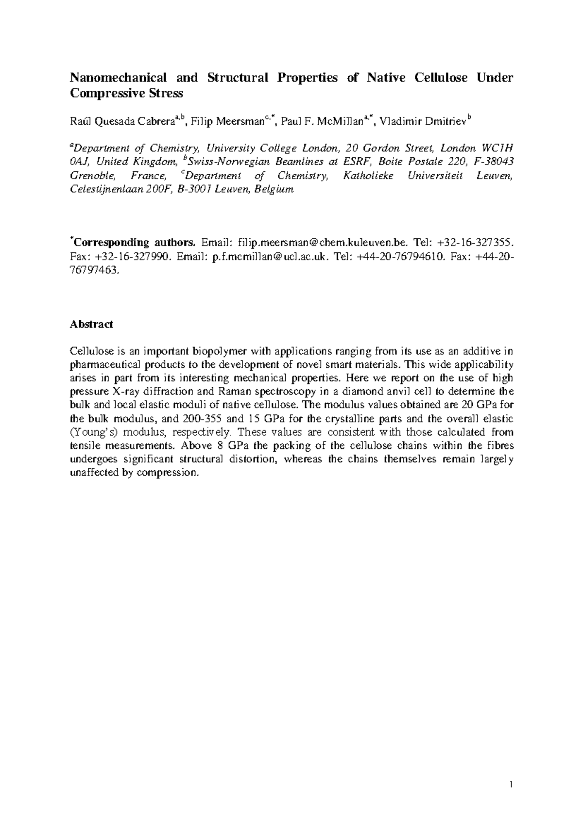 Nanomechanical Properties of Native Cellulose Under Compressive Stress ...