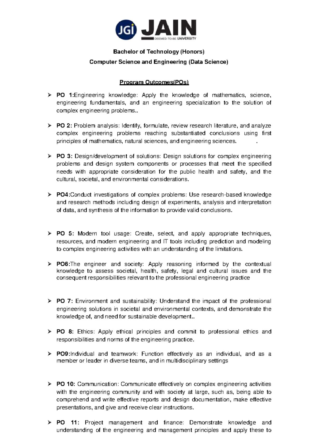 Bachelor of Technology (Honors) CSE (Data Science) Program Outcomes ...