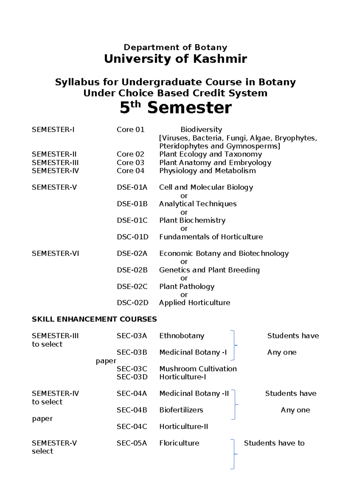 UG Botany 5th Semester Syllabus: Core & Elective Courses Overview - Studocu