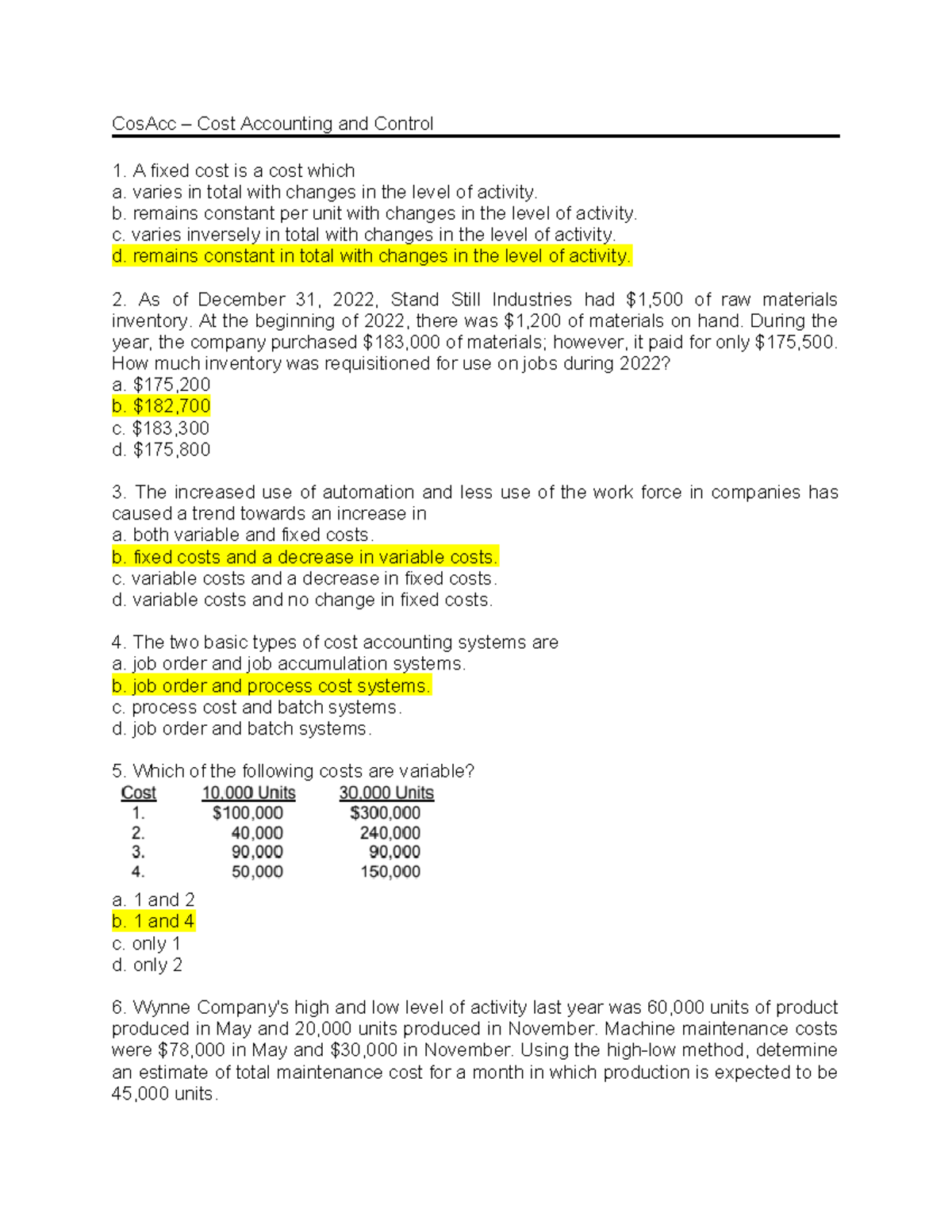 CosAcc Cost Accounting and Control 1: Exercises and Notes - Studocu