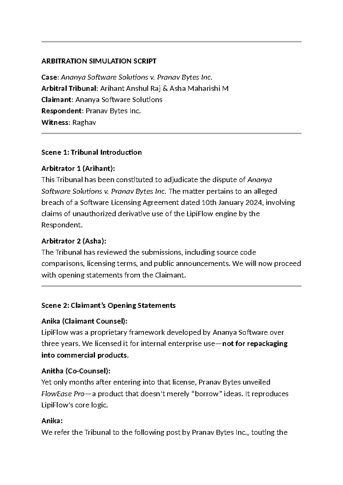 Arbitration Simulation Script: Ananya Software Solutions v. Pranav tes ...