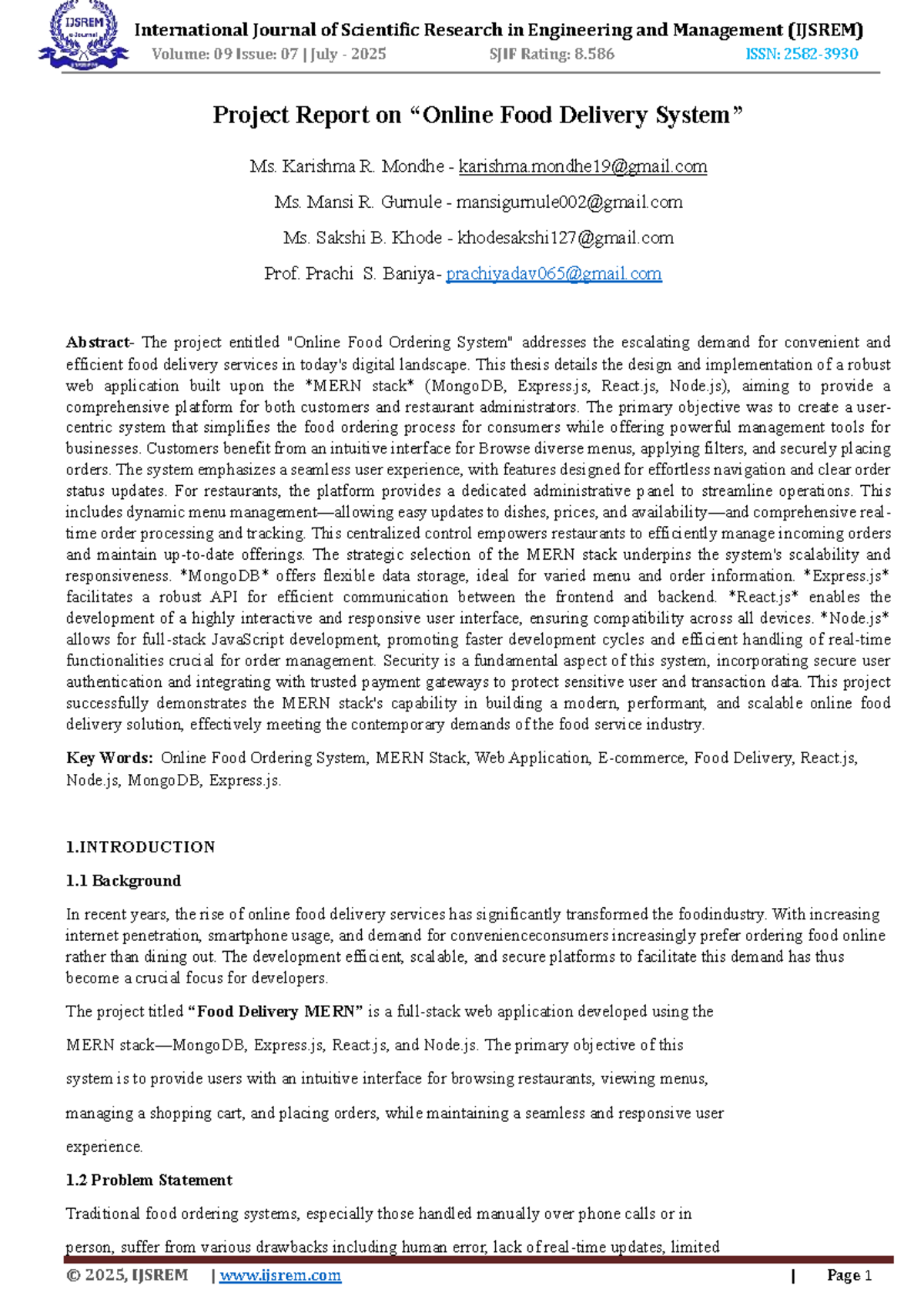 Project Report on Online Food Delivery System (IJSREM) - Studocu