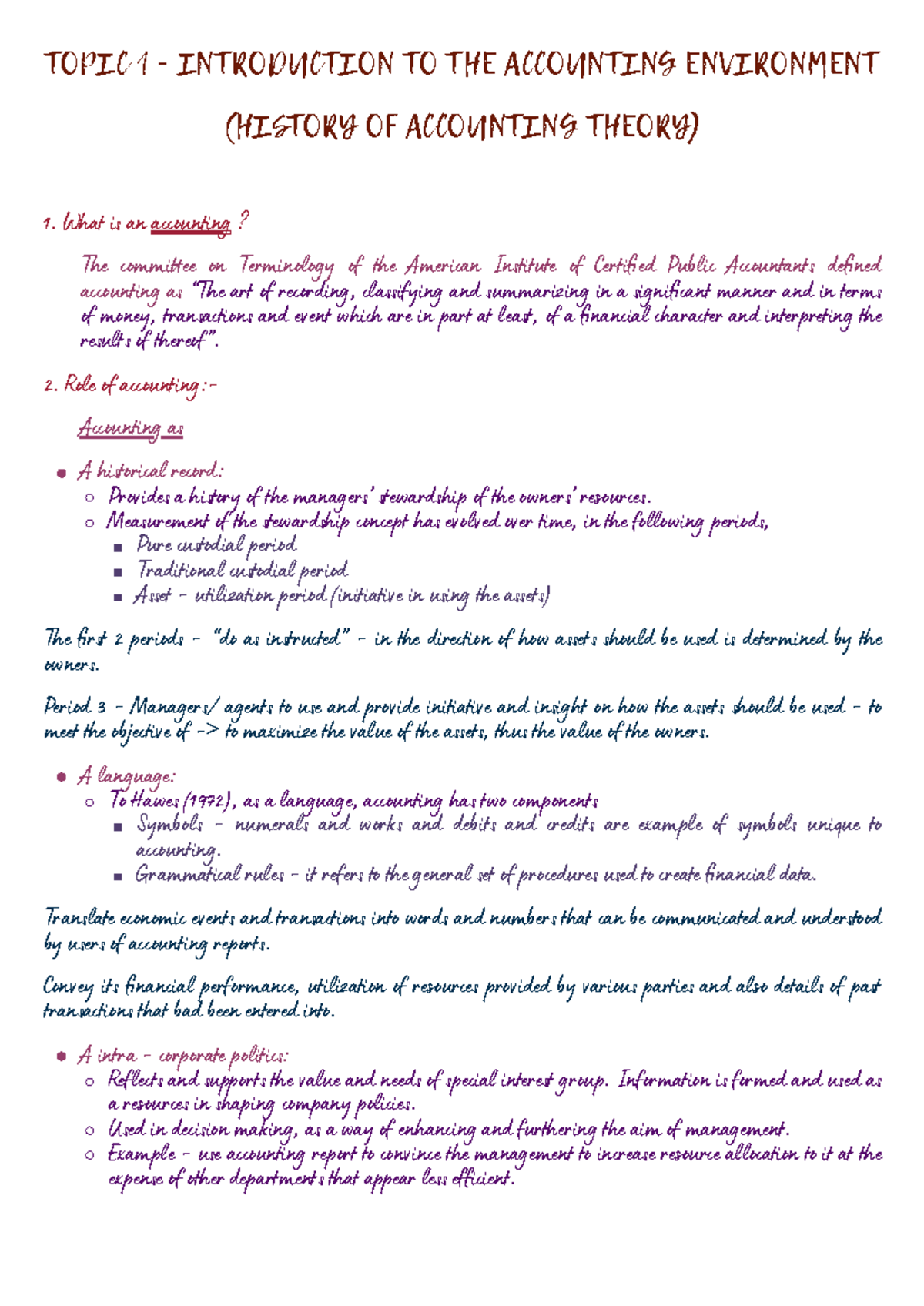 ACC101 - Topic 1: Intro to Accounting Environment and Theory - Studocu